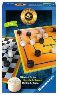 Ravensburger 20545 - Classic Compact: Mühle & Dame, Mitbringspiel für 2 Spieler, ab 8 Jahren, kompaktes Format, Reisespiel, Klassiker
