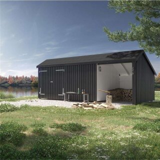 PLUS Multi Gartenhaus 15,5 m² - 3 Module Doppeltür & offene / geschlossene Fassade - 15,5 m² unbehandelt