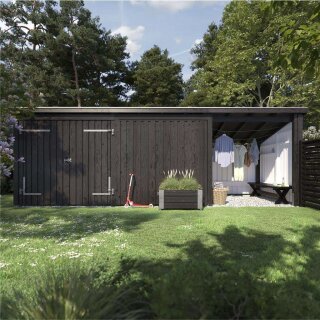 PLUS Nordic Multi Gartenhaus 14 m² - 3 Module Doppeltür & offene / geschlossene Fassade m. Dachpappe / Aluleisten