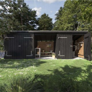 PLUS Nordic Multi Gartenhaus 14 m² - 3 Module m. 2 Doppeltüren & offene Fassade m. Dachpappe / Aluleisten