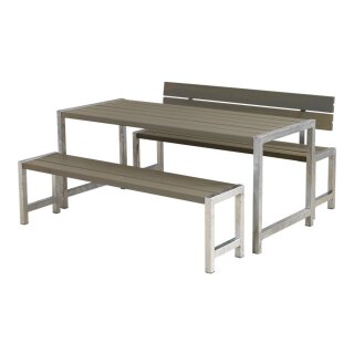 PLUS Plankengarnitur - 186 cm - 1 Tisch + 2 Bänke und 1 Rückenlehne - Graubraun